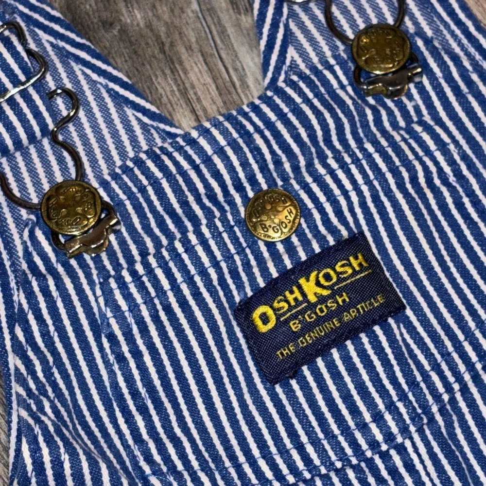 Vtg OshKosh Bgosh Kids 4T Hickory Stripe Denim Shortalls Made in USA Blue White